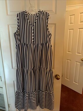 Sleeveless Navy and White Striped Tiered Dress L/XL